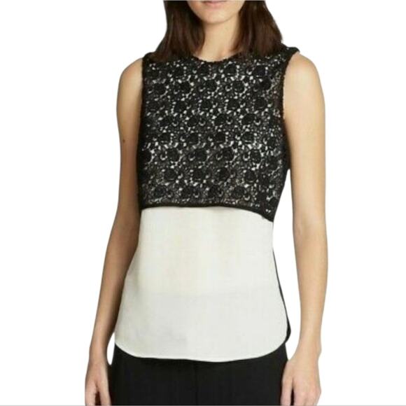 Size 2 A.L.C. Black & White Lace Silk Blend Sleeveless Blouse - Picture 1 of 6